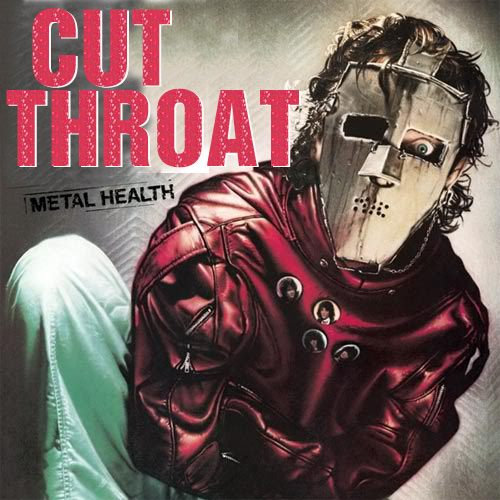 The Champagne of Bands cover, red jacket and metal mask, Cut Throat in distressed red type.
