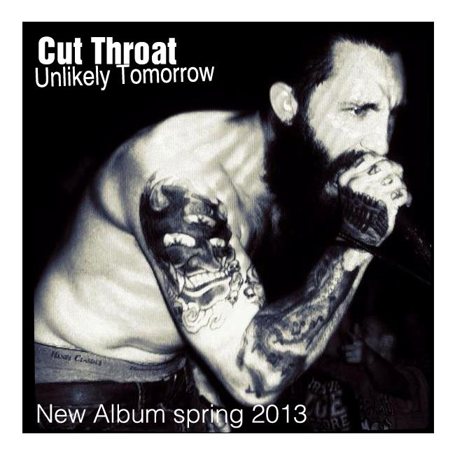 Cut Throat singer on the Unlikely Tomorrow cover, black and white, microphone in hand.