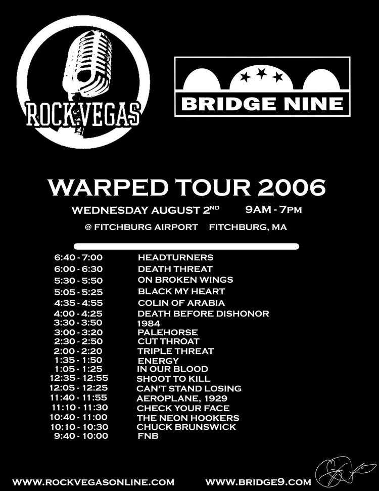 Warped Tour 2006 flyer for the Rock Vegas and Bridge Nine stage at Fitchburg Airport, with Cut Throat on the bill from 2:30 to 2:50.
